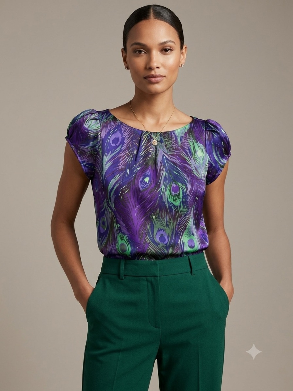 Banana Republic Purple Peacock Print Cap Sleeve Blouse | Jewel Tone Career Top L
